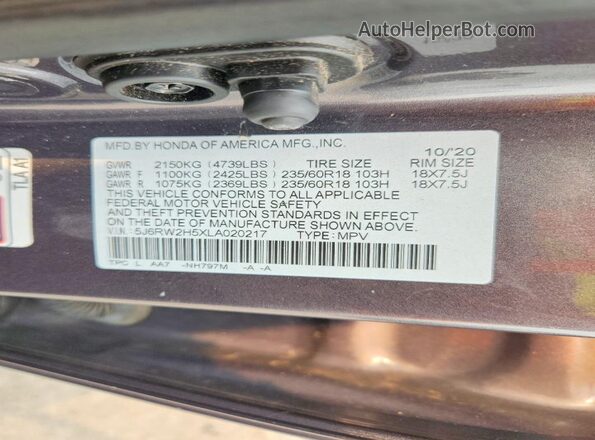 5J6RW2H5XLA020217 2020 HONDA CR-V Серый Вид наклейки с VIN-кодом