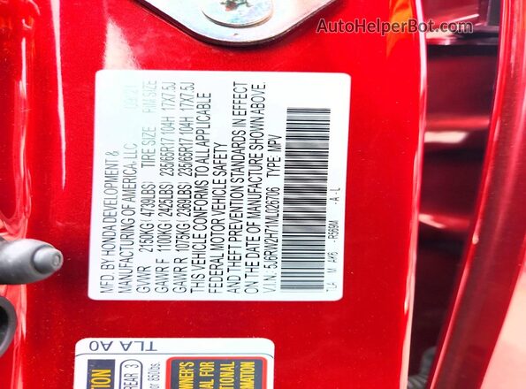 5J6RW2H71ML026706 2021 HONDA CR-V Red Vista de la etiqueta del VIN