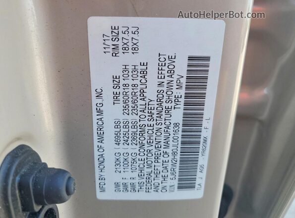 5J6RW2H80JL001638 2018 HONDA CR-V Tan Vista interior de 360 grados