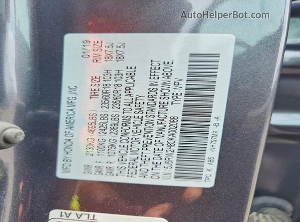5J6RW2H80KA002088 2019 HONDA CR-V Gray Widok wnętrza 360 stopni