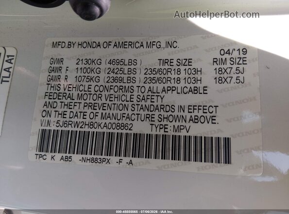 5J6RW2H80KA008862 2019 HONDA CR-V White Vista del compartimento del motor