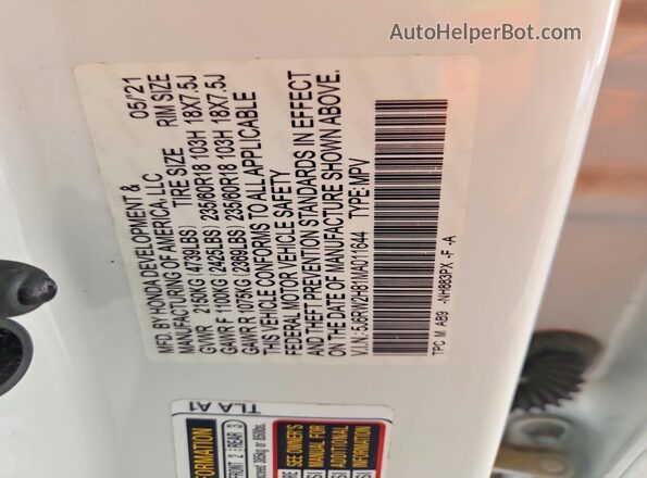 5J6RW2H81MA011644 2021 HONDA CR-V White Engine compartment view