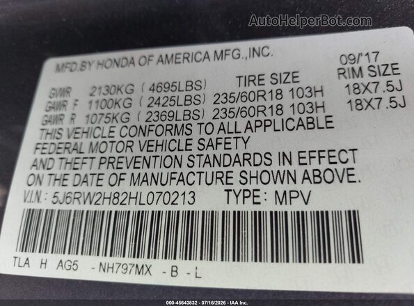 5J6RW2H82HL070213 2017 HONDA CR-V Gray Vista del compartimento del motor