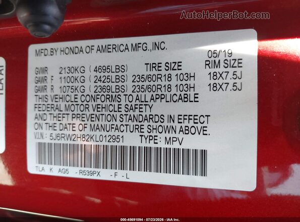5J6RW2H82KL012951 2019 HONDA CR-V Red Engine compartment view
