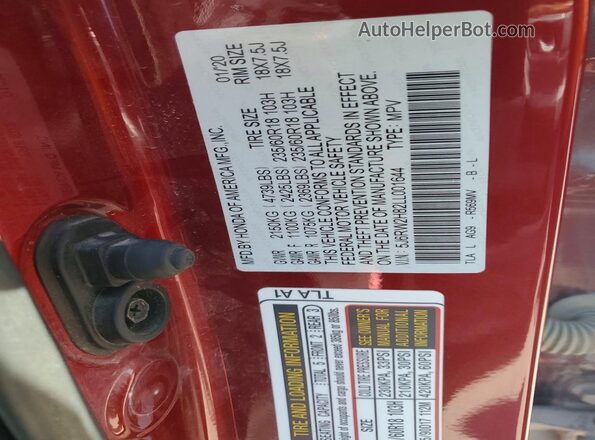 5J6RW2H82LL001644 2020 HONDA CR-V Red Widok naklejki z numerem VIN
