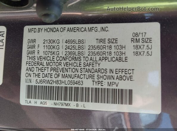 5J6RW2H83HL059463 2017 HONDA CR-V Gray Vista del compartimento del motor