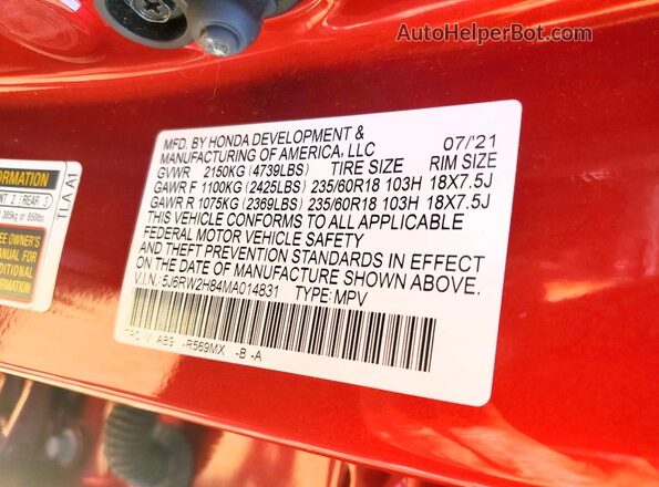5J6RW2H84MA014831 2021 HONDA CR-V Red Widok naklejki z numerem VIN
