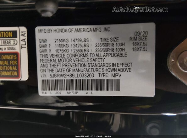 5J6RW2H85LL033200 2020 HONDA CR-V Black Widok komory silnika