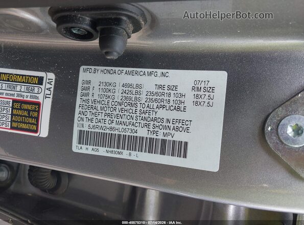 5J6RW2H86HL057304 2017 HONDA CR-V Silver ძრავის განყოფილების ხედი