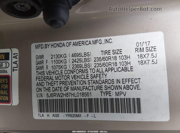 5J6RW2H87HL018561 2017 HONDA CR-V Beige Շարժիչի բաժամունքի տեսք