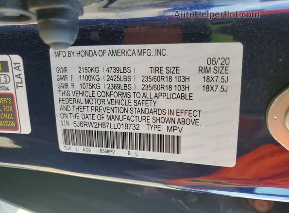 5J6RW2H87LL018732 2020 HONDA CR-V Синий Вид наклейки с VIN-кодом