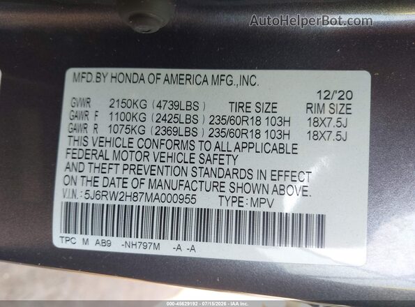 5J6RW2H87MA000955 2021 HONDA CR-V Серый Вид подкапотного пространства