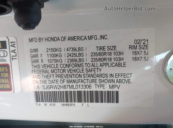 5J6RW2H87ML013306 2021 HONDA CR-V White Engine compartment view