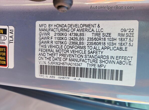 5J6RW2H87NA016347 2022 HONDA CR-V Blue VIN კოდის სტიკერის ხედი