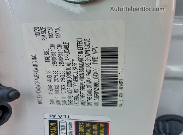 5J6RW2H88LL043400 2020 HONDA CR-V White 360 interior view