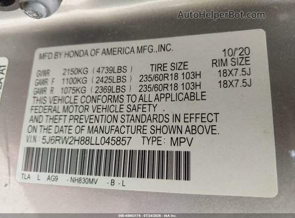 5J6RW2H88LL045857 2020 HONDA CR-V Blue Вид підкапотного простору