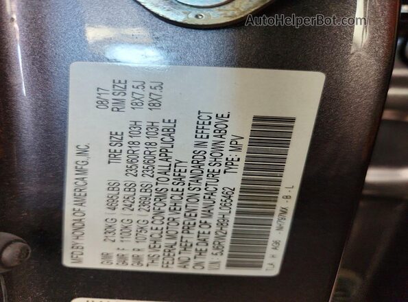 5J6RW2H89HL065462 2017 HONDA CR-V Gray Вид наклейки з VIN-кодом