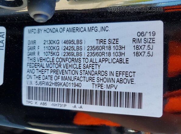 5J6RW2H89KA011940 2019 HONDA CR-V Black Widok wnętrza 360 stopni