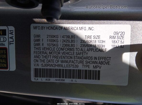 5J6RW2H89LL037539 2020 HONDA CR-V Silver Widok komory silnika