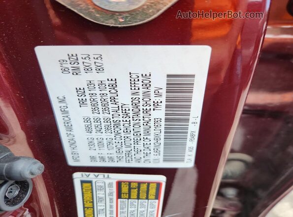 5J6RW2H8XKL016763 2019 HONDA CR-V Maroon VIN կոդի պիտակի տեսք