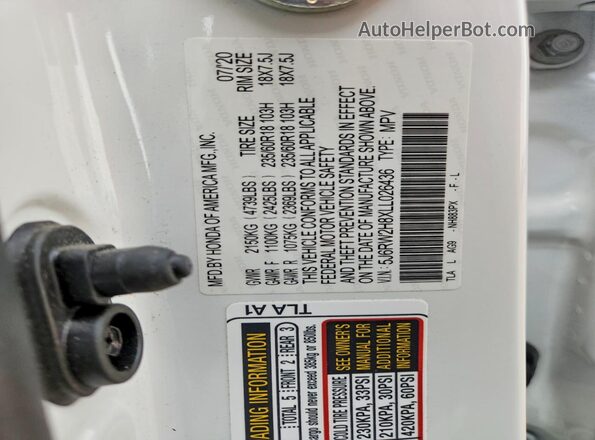 5J6RW2H8XLL026436 2020 HONDA CR-V White Widok naklejki z numerem VIN