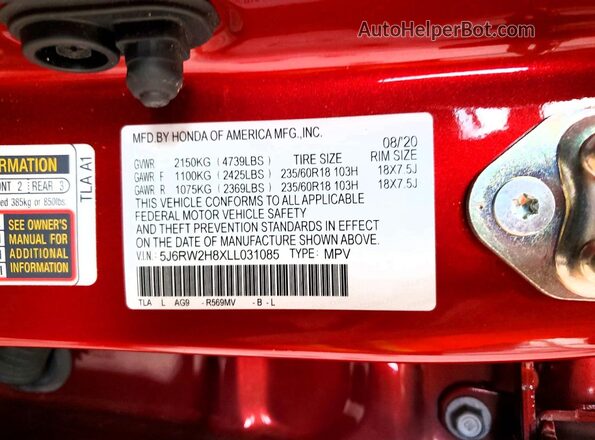 5J6RW2H8XLL031085 2020 HONDA CR-V Maroon Widok wnętrza 360 stopni