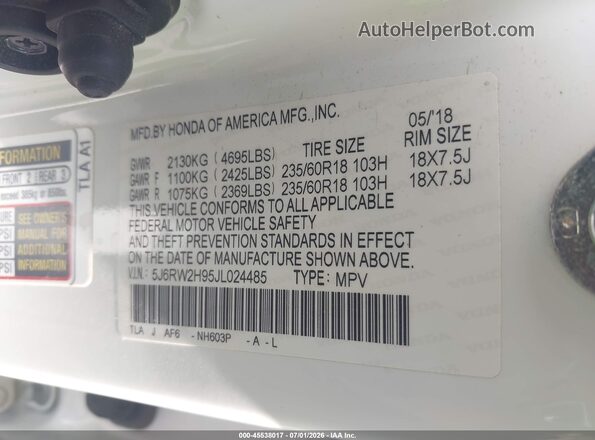 5J6RW2H95JL024485 2018 HONDA CR-V White ძრავის განყოფილების ხედი