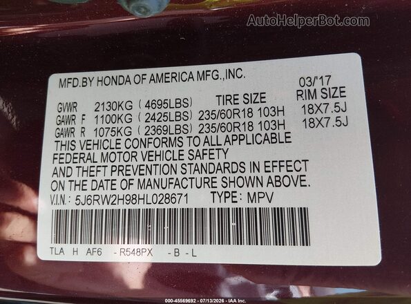5J6RW2H98HL028671 2017 HONDA CR-V Burgundy Widok komory silnika