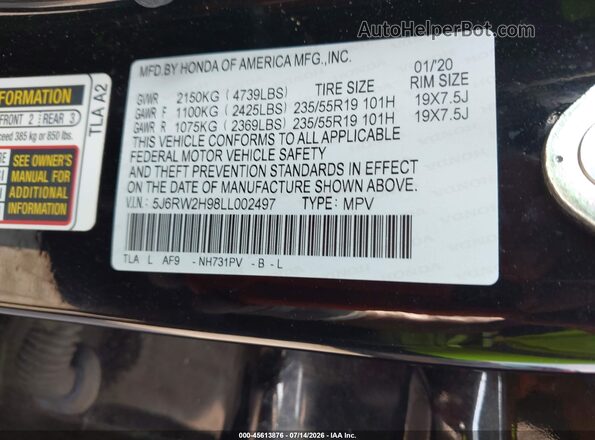 5J6RW2H98LL002497 2020 HONDA CR-V Black Շարժիչի բաժամունքի տեսք