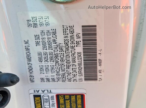 5J6RW2H99JL023436 2018 HONDA CR-V White Vista interior de 360 grados