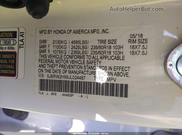 5J6RW2H99JL024487 2018 HONDA CR-V White Engine compartment view