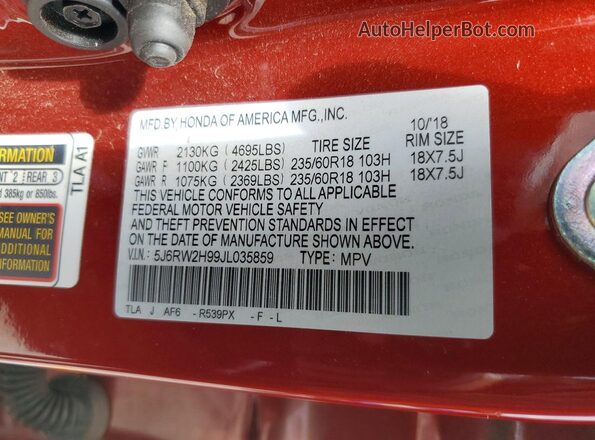 5J6RW2H99JL035859 2018 HONDA CR-V Красный Вид наклейки с VIN-кодом