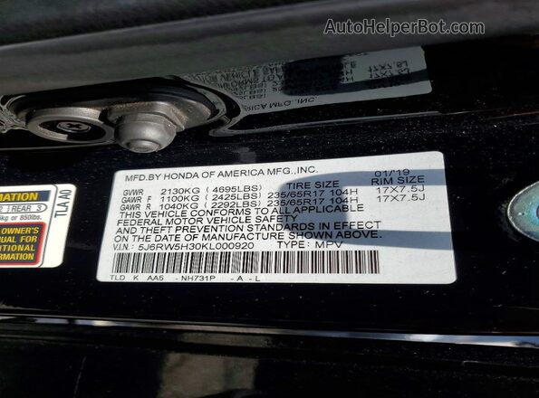 5J6RW5H30KL000920 2019 HONDA CR-V Black VIN sticker view