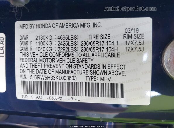 5J6RW5H33KL003603 2019 HONDA CR-V Синий Вид подкапотного пространства