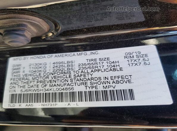 5J6RW5H34KL004856 2019 HONDA CR-V Black Engine compartment view