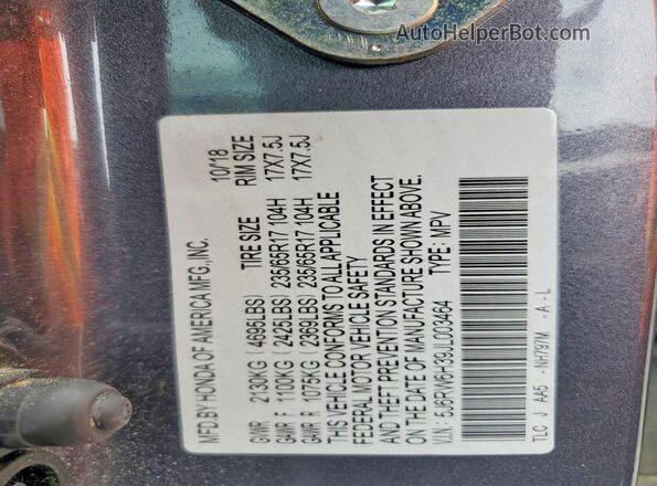 5J6RW6H39JL003464 2018 HONDA CR-V Gray Widok naklejki z numerem VIN