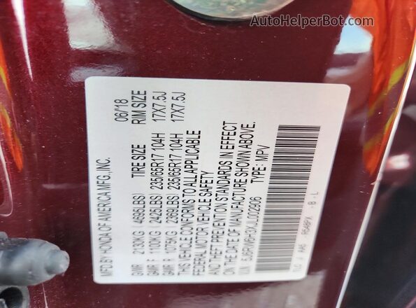 5J6RW6H3XJL002906 2018 HONDA CR-V Red VIN sticker view