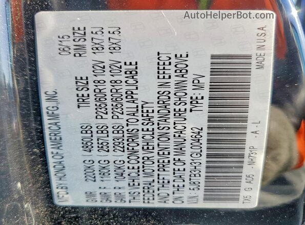 5J8TB3H31GL004642 2016 ACURA RDX Black Вид наклейки з VIN-кодом