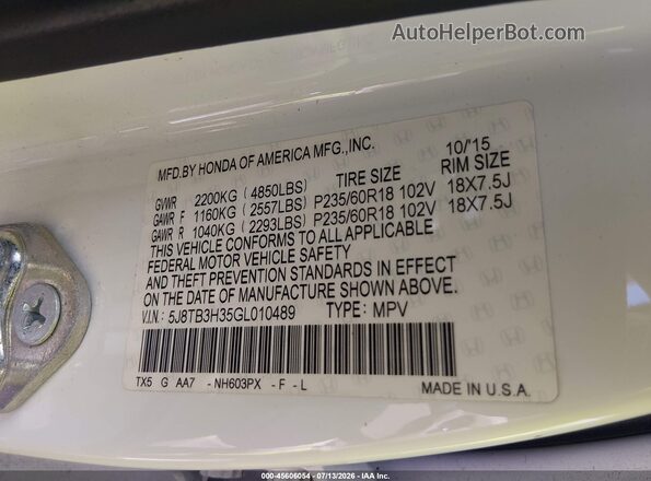 5J8TB3H35GL010489 2016 ACURA RDX Белый Вид подкапотного пространства