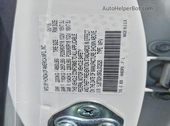 5J8TB3H39GL002525 2016 ACURA RDX White Widok naklejki z numerem VIN