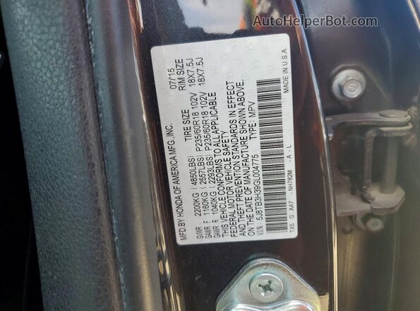 5J8TB3H39GL004775 2016 ACURA RDX Gray VIN კოდის სტიკერის ხედი