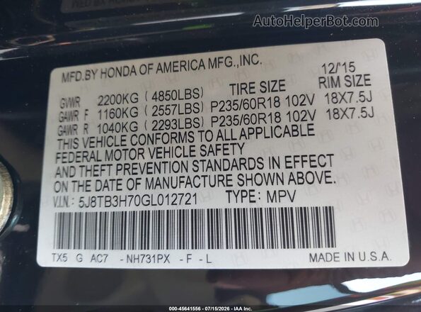 5J8TB3H70GL012721 2016 ACURA RDX Black Widok komory silnika