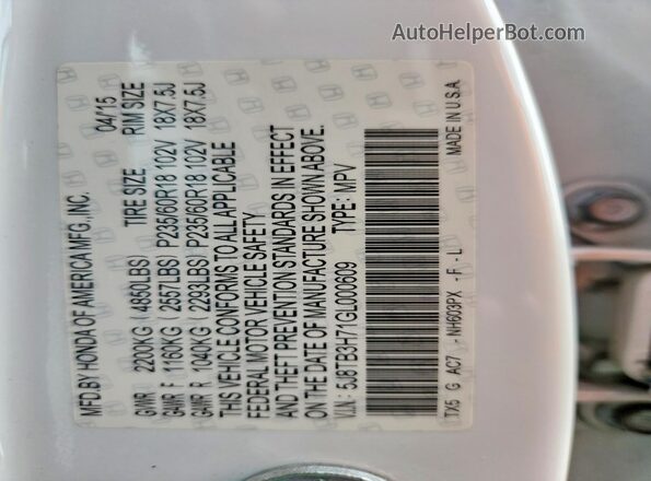 5J8TB3H71GL000609 2016 ACURA RDX White Widok wnętrza 360 stopni