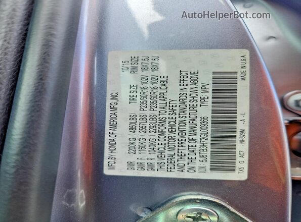 5J8TB3H72GL009366 2016 ACURA RDX Silver Vista de la etiqueta del VIN