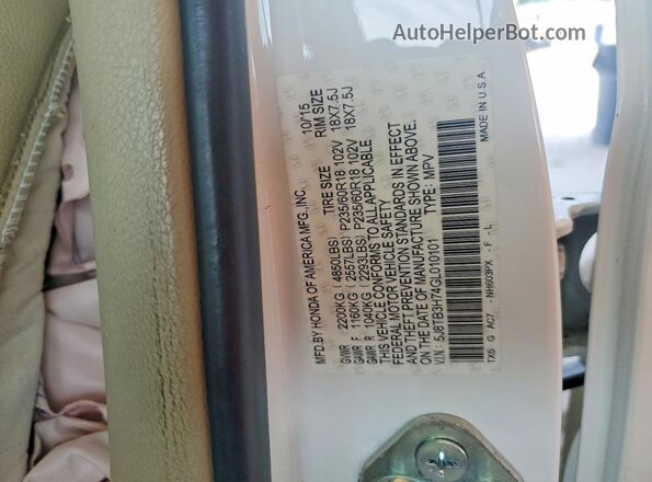 5J8TB3H74GL010101 2016 ACURA RDX White VIN կոդի պիտակի տեսք