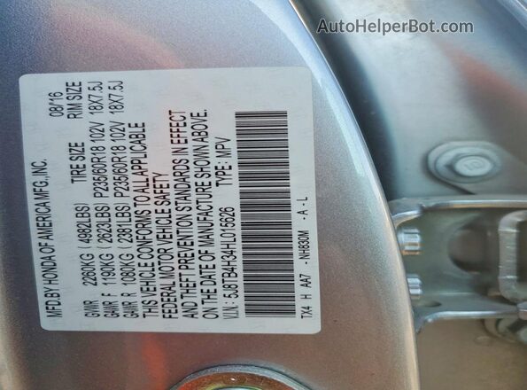 5J8TB4H34HL015626 2017 ACURA RDX Silver VIN კოდის სტიკერის ხედი