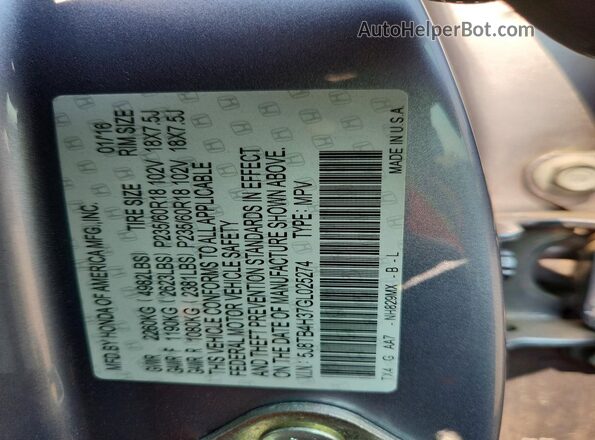 5J8TB4H37GL025274 2016 ACURA RDX Silver Vista de la etiqueta del VIN