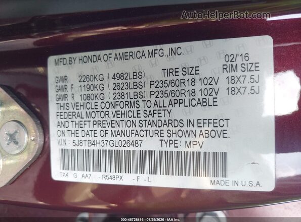 5J8TB4H37GL026487 2016 ACURA RDX Burgundy Vista del compartimento del motor