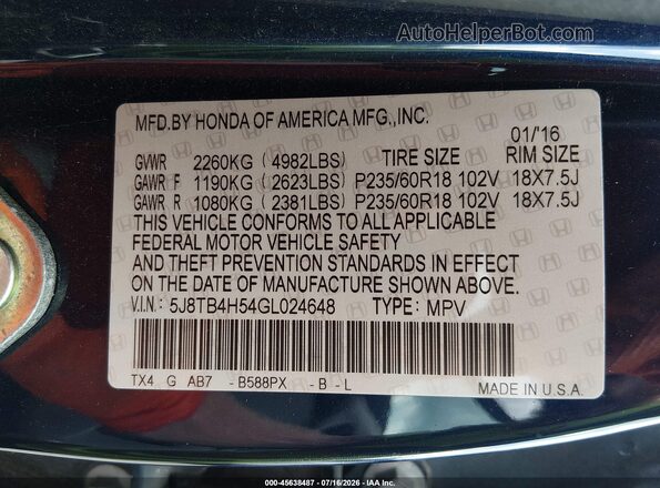 5J8TB4H54GL024648 2016 ACURA RDX Blue Շարժիչի բաժամունքի տեսք
