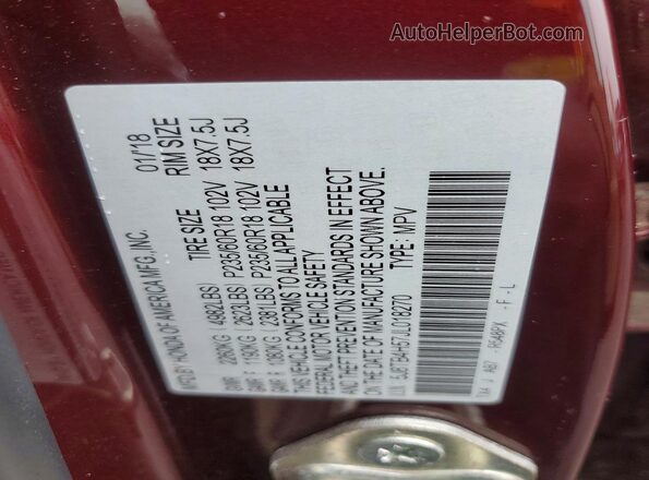 5J8TB4H57JL018270 2018 ACURA RDX Burgundy Vista de la etiqueta del VIN